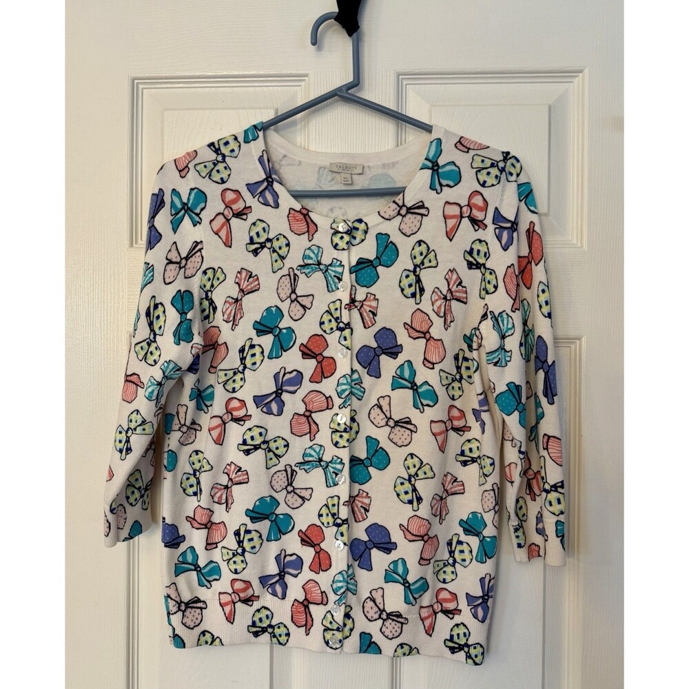MINT Talbots Bows Knit Preppy Whimsical Cardigan Sweater Women’s MEDIUM Petite